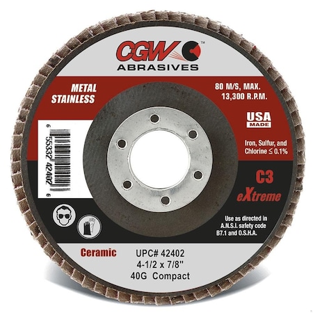 Cgw Abrasives Contaminant-Free Compact Regular Coated Abrasive Flap Disc, 4-1/2 in Dia, 7/8 in Center Hole, 60 Gri 42404